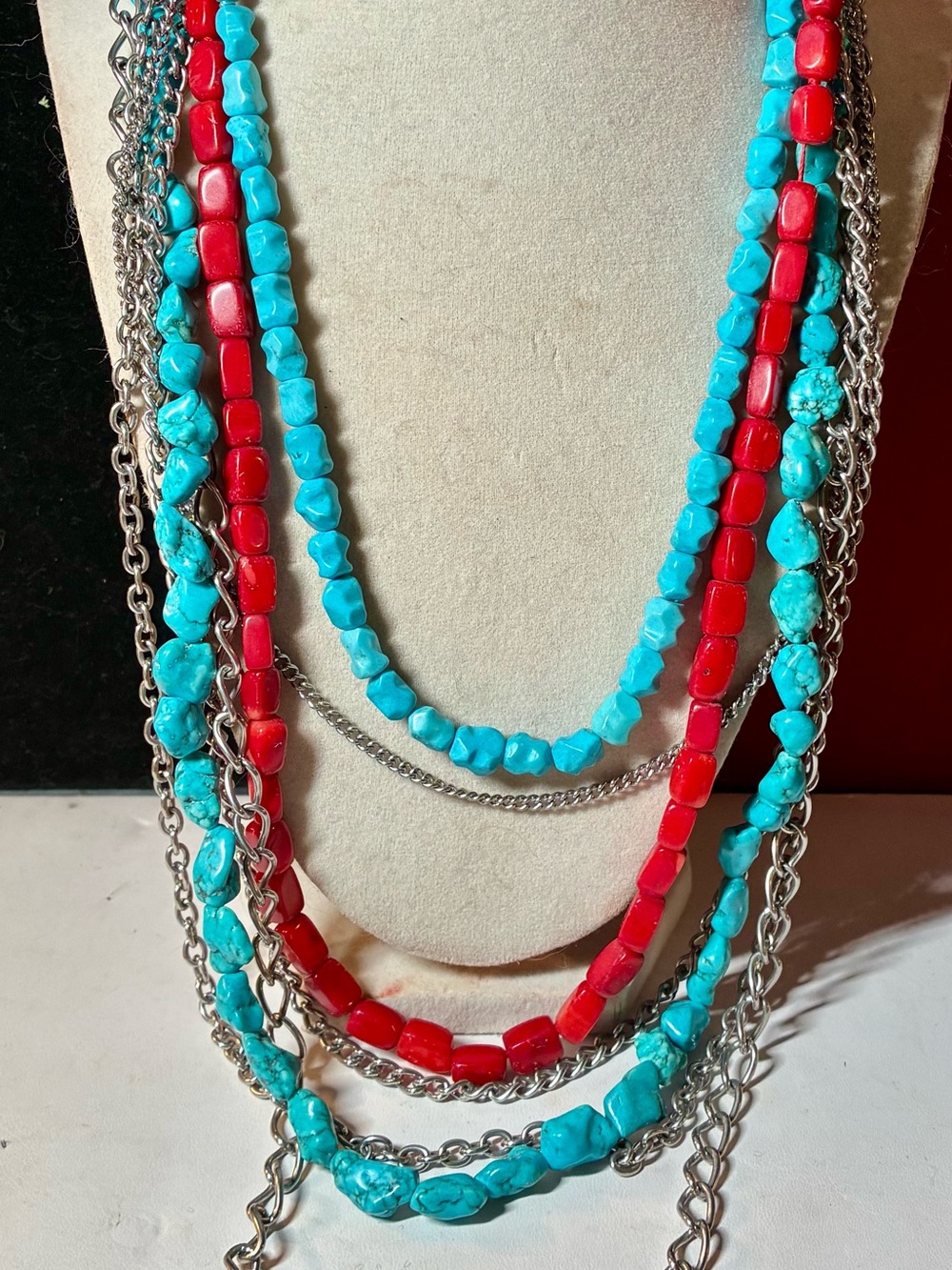 Layered Turquoise & Red Bead Multi-Strand Necklace - Unbranded in silver tone